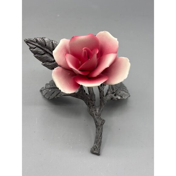 Vtg Pink Porcelain Rose On Pewter Stem With Leaves‎ - Picture 1 of 5